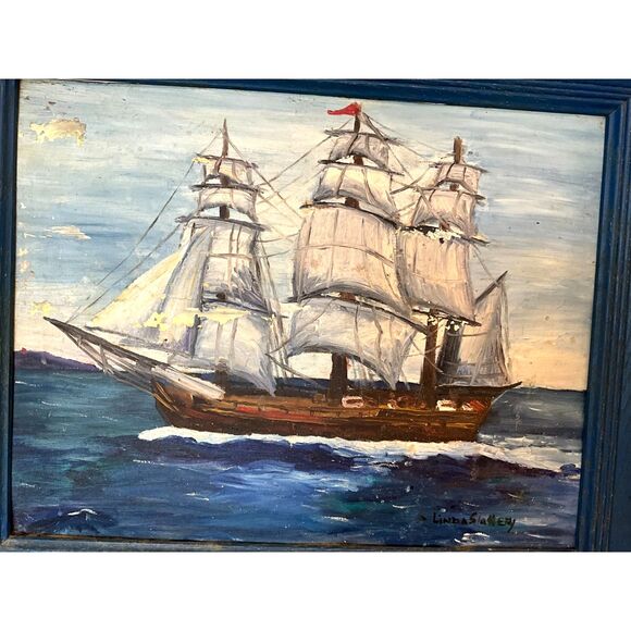 Gorgeous vintage original oil painting on board sailing ship 1962 Linda Slattery - Picture 4 of 13